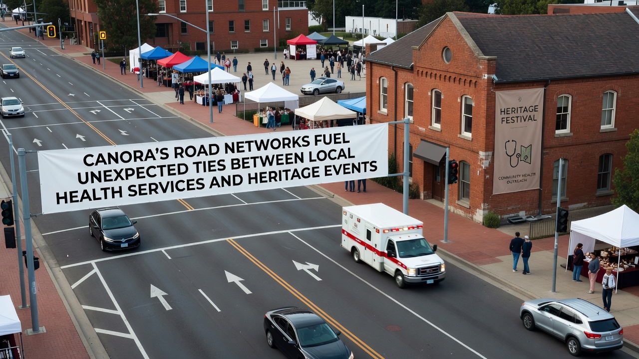 Health service vehicles and heritage event setup along Canora's main road corridor